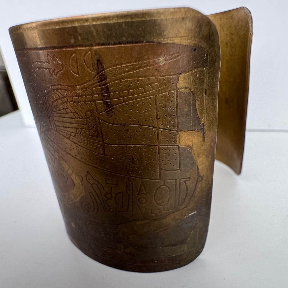 Vintage wide etched brass cuff bracelet featuring Egyptian revival